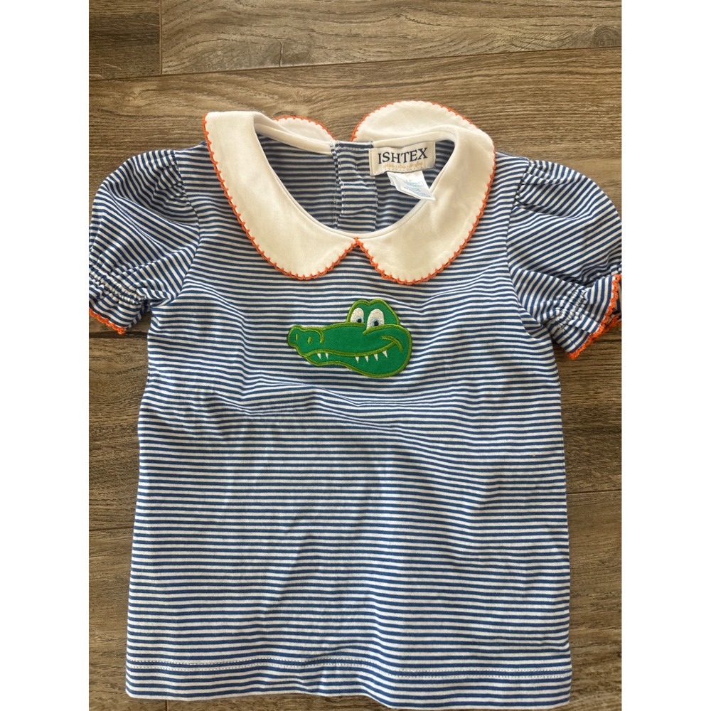 Ishtex Girls Blue White Striped Alligator Peter Pan Collar Top Size 2